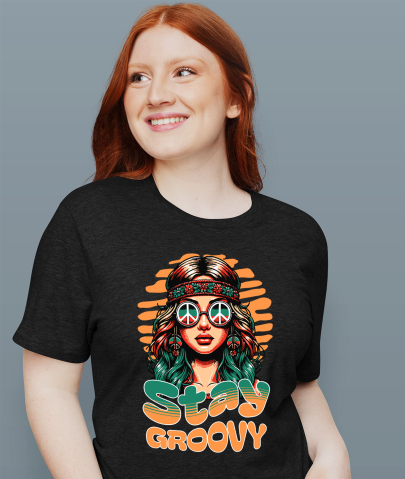 Tricou Femei, Barbati, Copii, Fata, Baiat, Unisex Personalizat Fată Stil Hippie cu Ochelari de Soare și Bandana – Stay Groovy Vibe Retro [1]