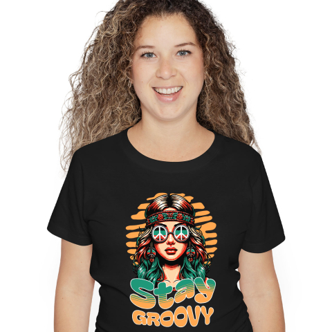 Retro - Tricou Femei, Barbati, Copii, Fata, Baiat, Unisex Personalizat Fată Stil Hippie cu Ochelari de Soare și Bandana – Stay Groovy Vibe Retro