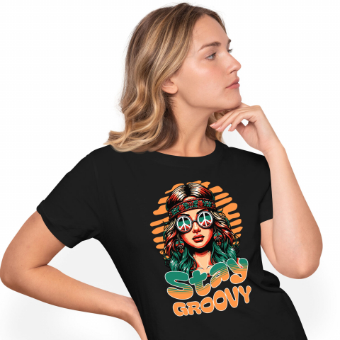 RETRO - Tricou Femei, Barbati, Copii, Fata, Baiat, Unisex Personalizat Fată Stil Hippie cu Ochelari de Soare și Bandana – Stay Groovy Vibe Retro