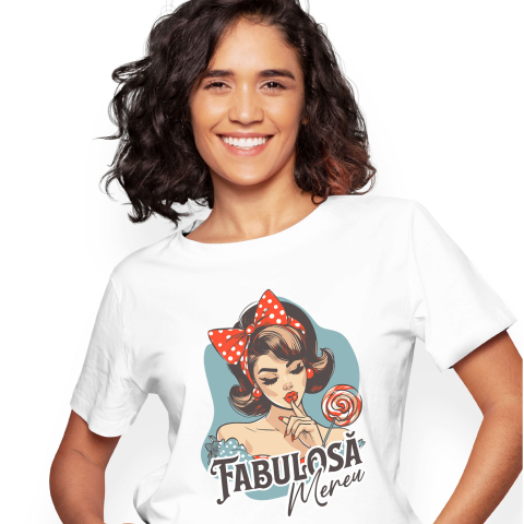 Retro - Tricou Femei, Barbati, Copii, Fata, Baiat, Unisex Personalizat Fată Retro cu Funda Roșie și Acadea - Cadou Personalizat Fabuloasă Mereu Încredere de Sine