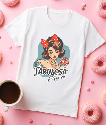 Tricou Femei, Barbati, Copii, Fata, Baiat, Unisex Personalizat Fată Retro cu Funda Roșie și Acadea - Cadou Personalizat Fabuloasă Mereu Încredere de Sine [2]