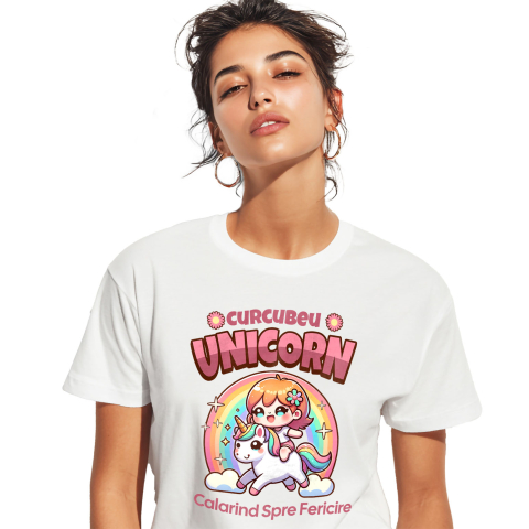 Basme Si Legende - Tricou Femei, Barbati, Copii, Fata, Baiat, Unisex Personalizat Costum Unicorn Multicolor pentru Fete - Calarind Spre Fericire