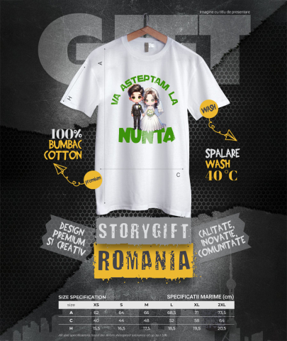 Tricou Femei, Barbati, Copii, Fata, Baiat, Unisex Personalizat Cadou Personalizat „Va Așteptăm La Nuntă” | Cuplu Fericit pentru Invitații la Nuntă [3]