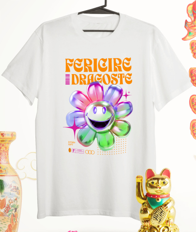 Tricou Femei, Barbati, Copii, Fata, Baiat, Unisex Personalizat Floare Colorată Veselă cu Text „Fericire, Dragoste, Natură” | Cadouri Personalizate pentru Femei, Familie și Prieteni [2]
