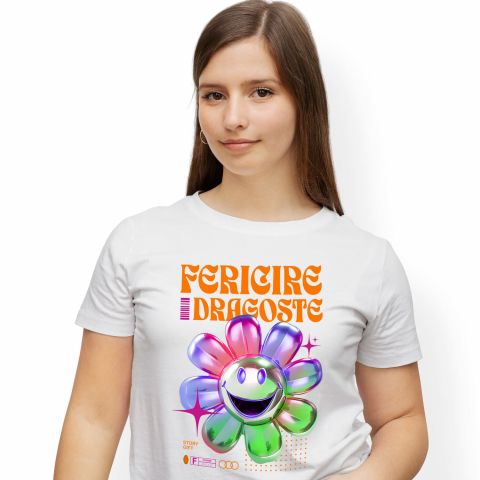 Flori - Tricou Femei, Barbati, Copii, Fata, Baiat, Unisex Personalizat Floare Colorată Veselă cu Text „Fericire, Dragoste, Natură” | Cadouri Personalizate pentru Femei, Familie și Prieteni