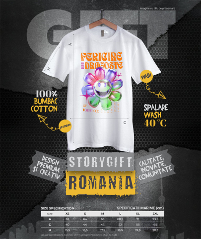 Tricou Femei, Barbati, Copii, Fata, Baiat, Unisex Personalizat Floare Colorată Veselă cu Text „Fericire, Dragoste, Natură” | Cadouri Personalizate pentru Femei, Familie și Prieteni [3]