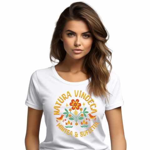 Flori - Tricou Femei, Barbati, Copii, Fata, Baiat, Unisex Personalizat Flori Colorate și Păsări cu Text „Natura Vindecă Mintea și Sufletul” | Cadouri Personalizate pentru Femei, Familie și Prieteni