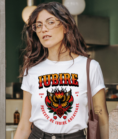 Tricou Femei, Barbati, Copii, Fata, Baiat, Unisex Personalizat Fluture Colorat în Flăcări și Floare Roșie - Poveste de Iubire Arzătoare pentru Cadouri Personalizate [1]