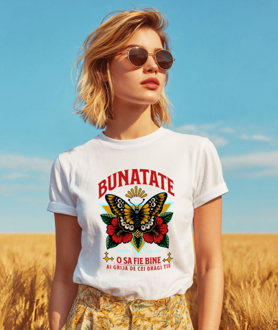 Tricou Femei, Barbati, Copii, Fata, Baiat, Unisex Personalizat Fluture Colorat și Flori Colorate - Mesaj de Bunătate pentru Cadouri Personalizate [1]