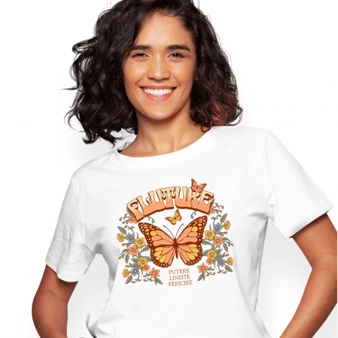 Tricou Femei, Barbati, Copii, Fata, Baiat, Unisex Personalizat Fluture Portocaliu cu Mesaj de Putere și Liniște | Cadou Personalizat cu Flori Colorate