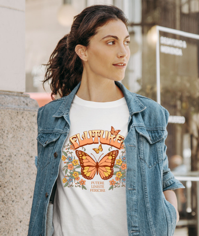 Tricou Femei, Barbati, Copii, Fata, Baiat, Unisex Personalizat Fluture Portocaliu cu Mesaj de Putere și Liniște | Cadou Personalizat cu Flori Colorate [1]