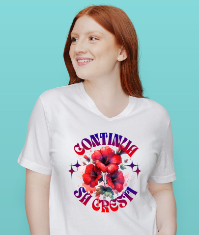 Tricou Femei, Barbati, Copii, Fata, Baiat, Unisex Personalizat Flori Mac Roșu cu Mesaj Motivational „Continuă Să Crești” | Cadou Personalizat Inspirational [1]