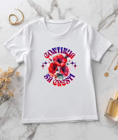 Tricou Femei, Barbati, Copii, Fata, Baiat, Unisex Personalizat Flori Mac Roșu cu Mesaj Motivational „Continuă Să Crești” | Cadou Personalizat Inspirational [2]