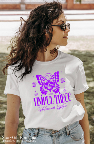 Tricou Femei, Barbati, Copii, Fata, Baiat, Unisex Personalizat Fluture cu Craniu Uman și Cruce – Mesaj Motivațional „Timpul Trece - Momento Mori” - Cadou Personalizat [1]