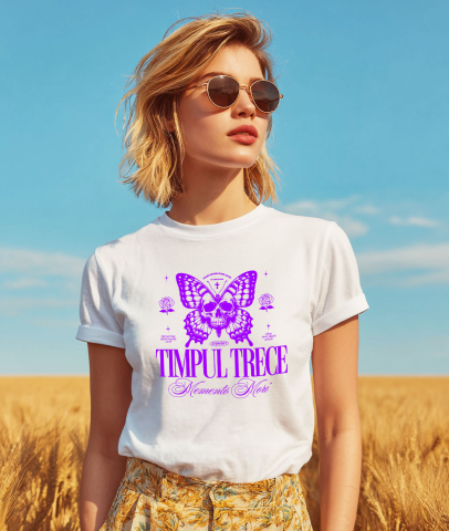 Tricou Femei, Barbati, Copii, Fata, Baiat, Unisex Personalizat Fluture cu Craniu Uman și Cruce – Mesaj Motivațional „Timpul Trece - Momento Mori” - Cadou Personalizat [1]