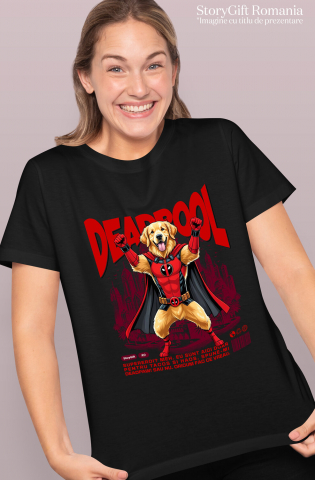 Tricou Femei, Barbati, Copii, Fata, Baiat, Unisex Personalizat Golden Retriever în Costum Deadpool - Cadou Personalizat pentru Copii și Familie [1]