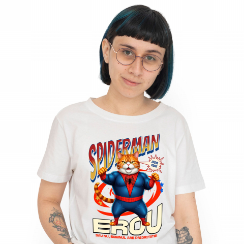 Tricouri - Tricou Femei, Barbati, Copii, Fata, Baiat, Unisex Personalizat Pisică Grasă în Costum Spider-Man cu Pelerină - Cadou Personalizat pentru Iubitorii de Pisici și Copii