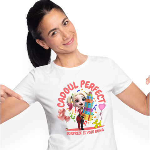 Aniversare - Tricou Femei cu Harley Quinn Aniversare - Cadou cu Inima Nebuna 100% Bumbac, Alb, S