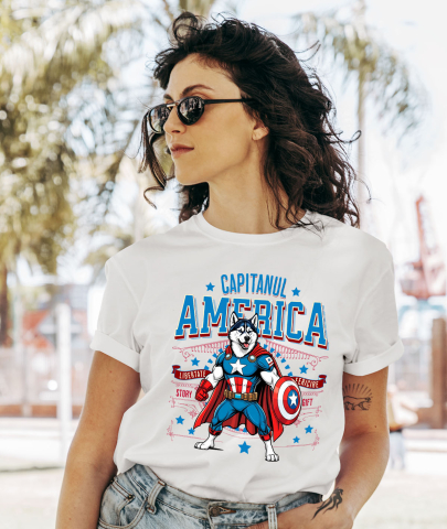 Tricou Femei, Barbati, Copii, Fata, Baiat, Unisex Personalizat Husky Siberian în Costum Captain America cu Pelerină - Cadou Personalizat pentru Copii și Iubitorii de Câini [1]