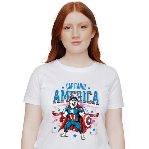SuperEroi si Personaje TV - Tricou Femei, Barbati, Copii, Fata, Baiat, Unisex Personalizat Husky Siberian în Costum Captain America cu Pelerină - Cadou Personalizat pentru Copii și Iubitorii de Câini