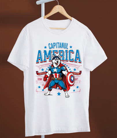 Tricou Femei, Barbati, Copii, Fata, Baiat, Unisex Personalizat Husky Siberian în Costum Captain America cu Pelerină - Cadou Personalizat pentru Copii și Iubitorii de Câini [2]