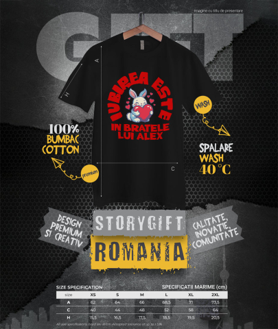 Tricou Femei, Barbati, Copii, Fata, Baiat, Unisex Personalizat Iepuraș cu Inimă Roșie și Mesaj „Iubirea este doar în brațele lui Alex” – Cadou Personalizat [3]