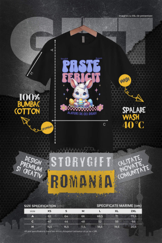 Tricou Femei, Barbati, Copii, Fata, Baiat, Unisex Personalizat "Iepure Alb Copii Cu Oua Colorate, Flori și Stele - Paște Fericit Alături De Cei Dragi" [3]