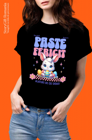 Tricou Femei, Barbati, Copii, Fata, Baiat, Unisex Personalizat "Iepure Alb Copii Cu Oua Colorate, Flori și Stele - Paște Fericit Alături De Cei Dragi" [1]