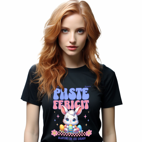 Tricouri - Tricou Femei, Barbati, Copii, Fata, Baiat, Unisex Personalizat "Iepure Alb Copii Cu Oua Colorate, Flori și Stele - Paște Fericit Alături De Cei Dragi"