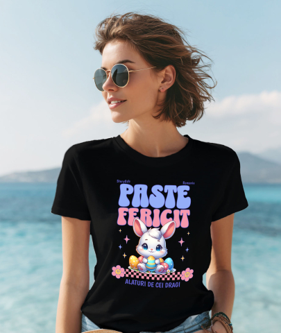 Tricou Femei, Barbati, Copii, Fata, Baiat, Unisex Personalizat "Iepure Alb Copii Cu Oua Colorate, Flori și Stele - Paște Fericit Alături De Cei Dragi" [1]