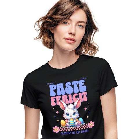 Tricou Femei, Barbati, Copii, Fata, Baiat, Unisex Personalizat "Iepure Alb Copii Cu Oua Colorate, Flori și Stele - Paște Fericit Alături De Cei Dragi"