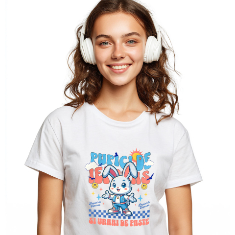 Tricou Femei, Barbati, Copii, Fata, Baiat, Unisex Personalizat "Iepure Alb cu Urechi Lungi și Îmbrăcăminte Modernă – Pupici și Urări de Paște Fericit"