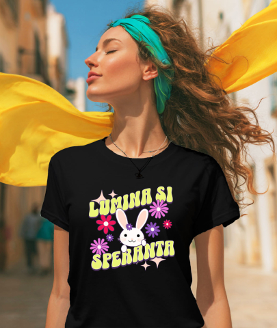 Tricou Femei, Barbati, Copii, Fata, Baiat, Unisex Personalizat "Iepure cu Floare și Urechi Lungi – Lumina și Speranța Sărbătorilor Pascale pentru Copii" [1]