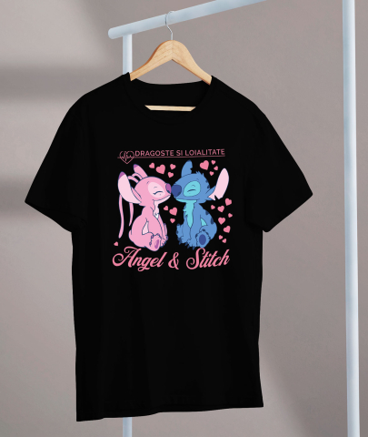 Tricou Femei cu Inima lui Stitch bate pentru Angel 100% Bumbac, Negru, L [2]