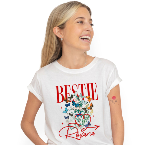 Prieteni - Tricou Femei, Barbati, Copii, Fata, Baiat, Unisex Personalizat "Inima Roșie cu Fluturi Colorați și Plante Verzi - Cadouri Personalizate pentru Valentine's Day și Dragobete"