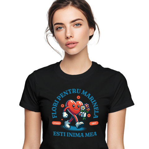 Tricou Femei, Barbati, Copii, Fata, Baiat, Unisex Personalizat Inimă Veselă cu Buchet de Flori și Mesaj „Flori pentru Marinela, Inima Mea” – Cadou Personalizat