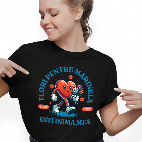 Tricou Femei, Barbati, Copii, Fata, Baiat, Unisex Personalizat Inimă Veselă cu Buchet de Flori și Mesaj „Flori pentru Marinela, Inima Mea” – Cadou Personalizat