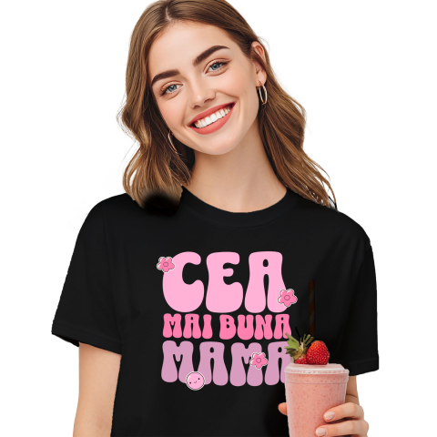 Mama - Tricou Femei, Barbati, Copii, Fata, Baiat, Unisex Personalizat Mesaj Iubire „Cea Mai Bună Mama” - Cadou Cu Flori Roz Personalizat