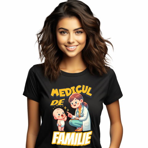 Tricou Femei, Barbati, Copii, Fata, Baiat, Unisex Personalizat Femeie Doctor cu Halat Alb și Copil Vesel – Design Personalizat