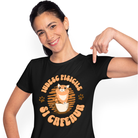 Tricou Femei, Barbati, Copii, Fata, Baiat, Unisex Personalizat „Cană Personalizată „Iubesc Pisicile Și Cafeaua” – Cadou Amuzant pentru Iubitorii de Pisici și Cafea”