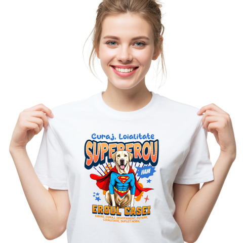 Tricou Femei, Barbati, Copii, Fata, Baiat, Unisex Personalizat Labrador în Costum de Superman – Produse Personalizate pentru Familie și Copii