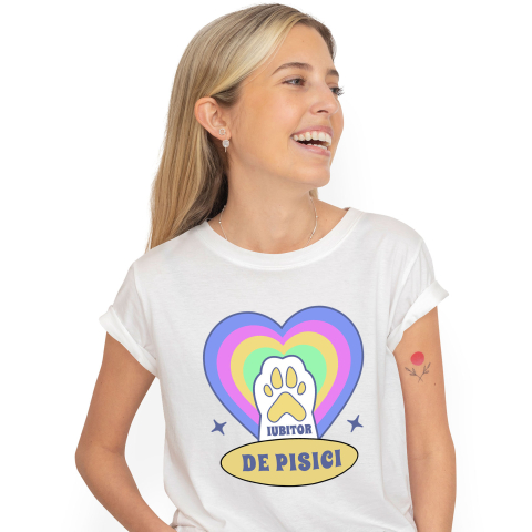 Pisici - Tricou Femei, Barbati, Copii, Fata, Baiat, Unisex Personalizat Lăbuță Pisică Albă În Inimă Multicolor „Iubitor De Pisici” – Cadou Personalizat Pentru Iubitorii De Pisici