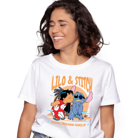 Tricouri - Tricou Femei cu Lilo si Stitch – vacanta vesela 100% Bumbac, Alb, L