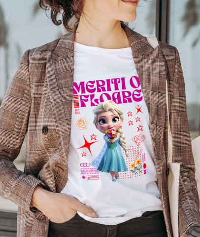 Tricou Femei cu Lumea Disney si Flori cu Elsa 100% Bumbac, Alb, M [1]