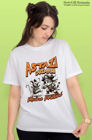 Tricou Femei, Barbati, Copii, Fata, Baiat, Unisex Personalizat "Lupta Soarece și Motan Pirat - Astăzi Dușmani, Mâine Prieteni" [1]