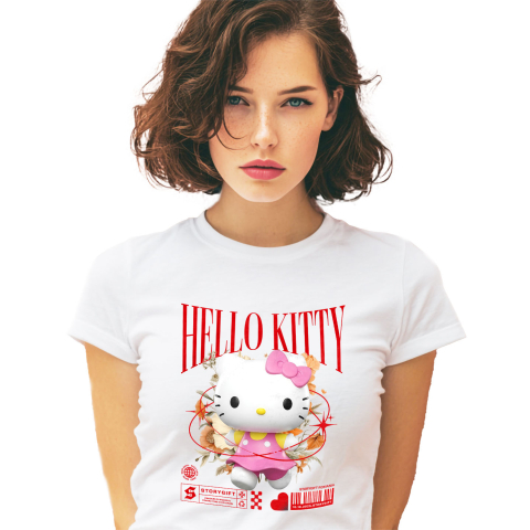 Tricouri - Tricou Femei cu Magie și Flori cu Hello Kitty din Lumea Disney 100% Bumbac, Alb, L
