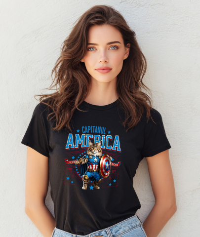 Tricou Femei, Barbati, Copii, Fata, Baiat, Unisex Personalizat Pisica Maine Coon în Costum de Captain America cu Pelerină - Cadou Personalizat pentru Copii și Iubitorii de Pisici [1]