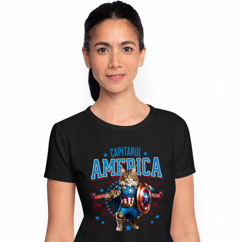 Tricouri - Tricou Femei, Barbati, Copii, Fata, Baiat, Unisex Personalizat Pisica Maine Coon în Costum de Captain America cu Pelerină - Cadou Personalizat pentru Copii și Iubitorii de Pisici