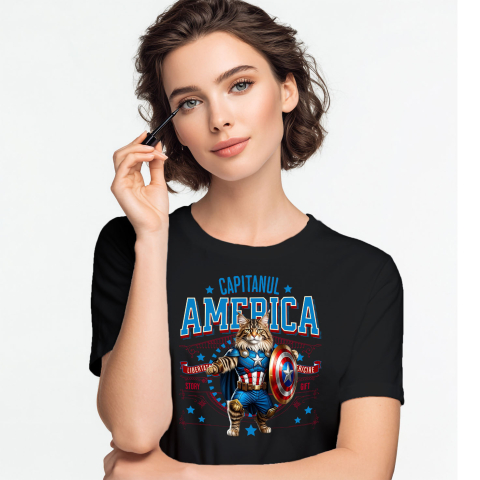 Tricou Femei, Barbati, Copii, Fata, Baiat, Unisex Personalizat Pisica Maine Coon în Costum de Captain America cu Pelerină - Cadou Personalizat pentru Copii și Iubitorii de Pisici