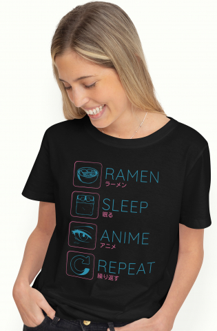 Femei - Marimea M - Tricou Femei Cu Mesaj Haios Ramen Sleep Anime Repeat, Mancare Asiatica, Anime, Cadou Pentru Iubitorii De Cultura Asiatica, Albastru  cu imprimeu pe Fata, 100% Bumbac, Negru, M
